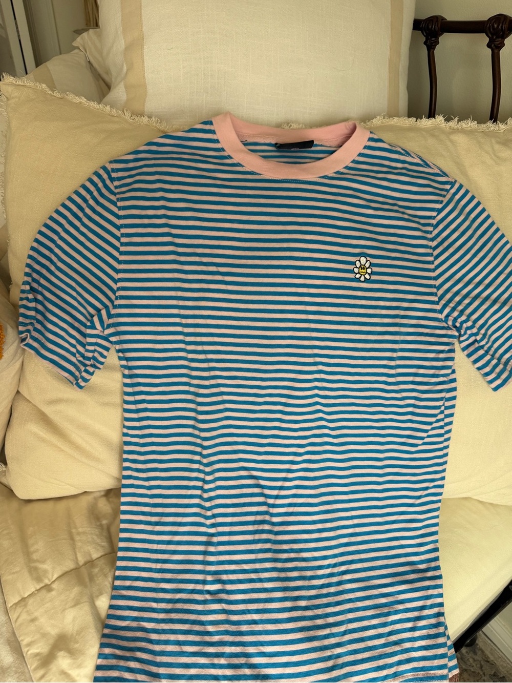 Striped Blue & White Crewneck T-Shirt with Pink Collar